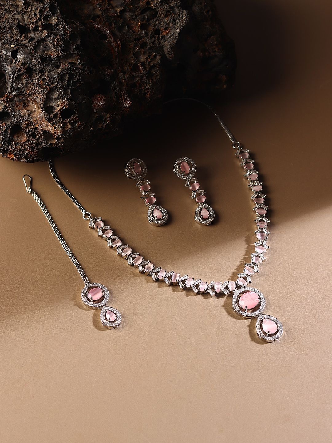 

RHOSYN Rhodium-Plated Cubic Zirconia & American Diamond Studded Jewellery Set, Silver