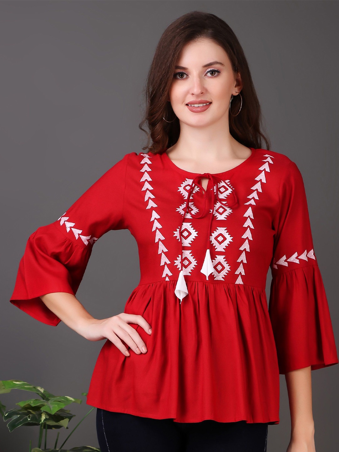 

NeeraFashion Geometric Bell Sleeve Peplum Top, Red