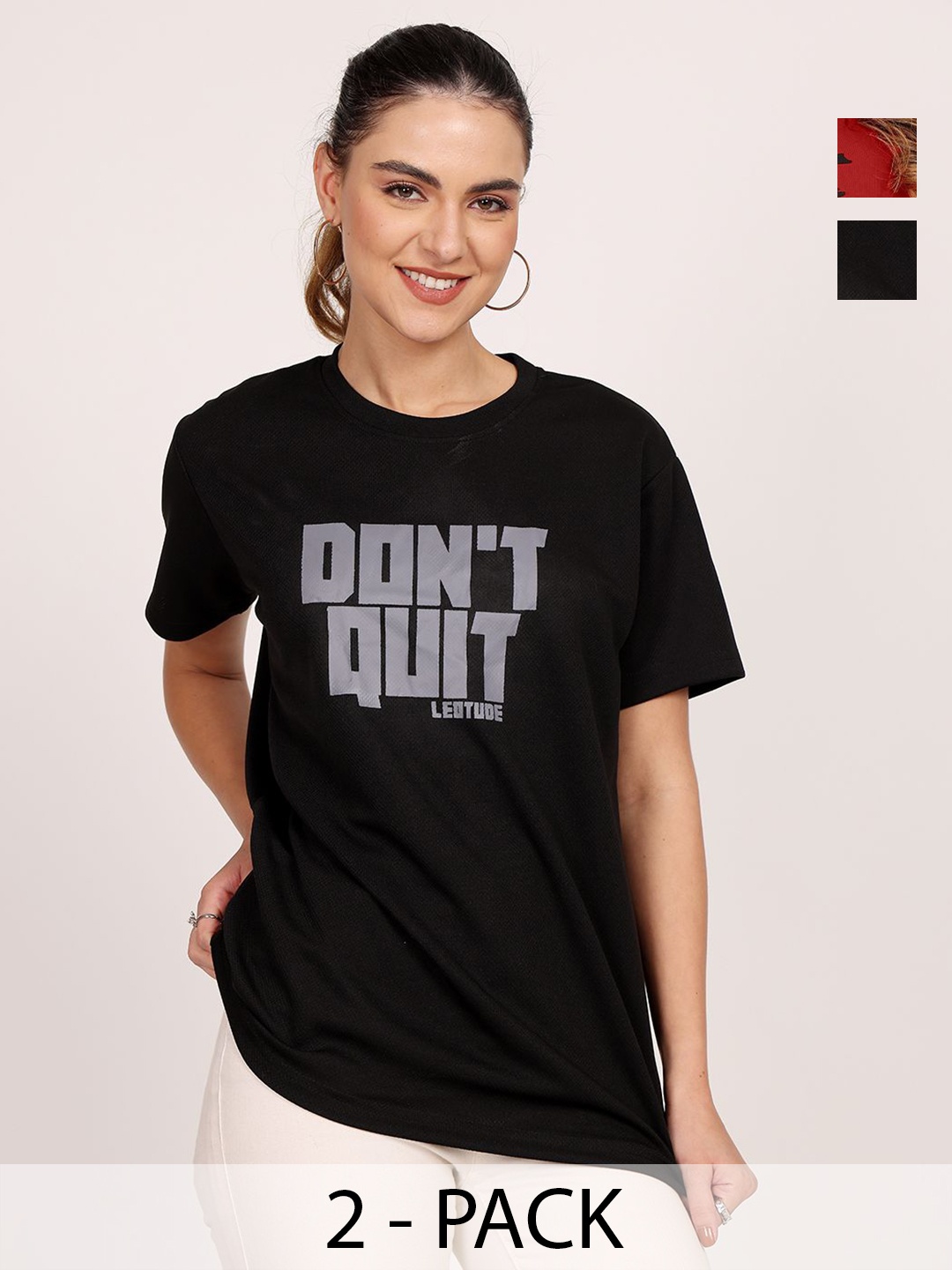 

Leotude Women Pack Of 2 Typography Printed Round Neck Cotton T-shirts, Black