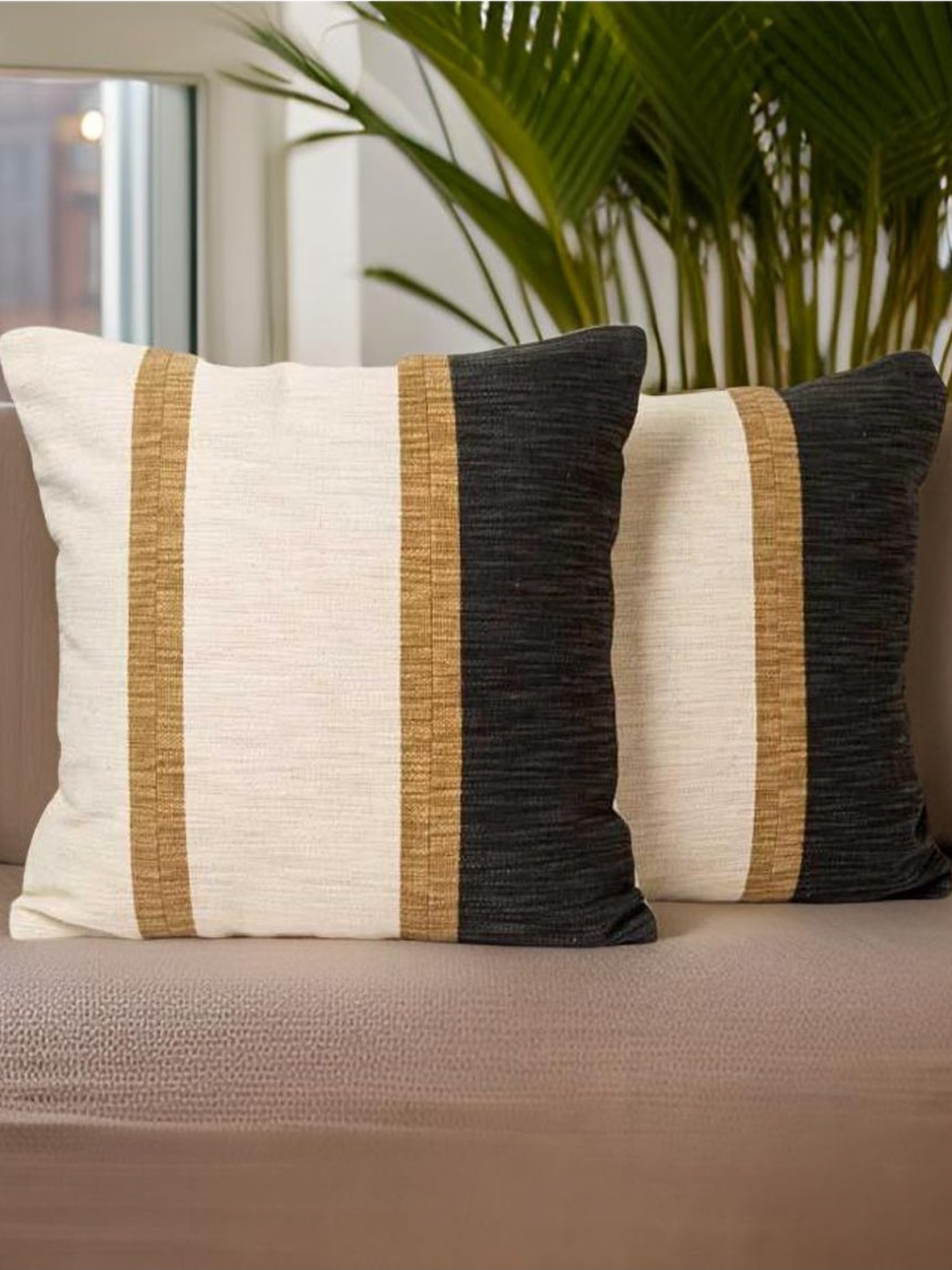 

Aura Beige & Black 2 Pieces Striped Textured Square Cushion Covers