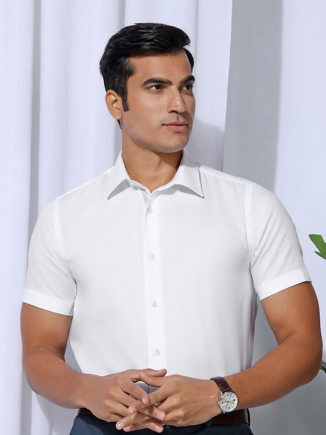 

Blackberrys Men India Slim Fit Spread Collar Solid Cotton Formal Shirt, White