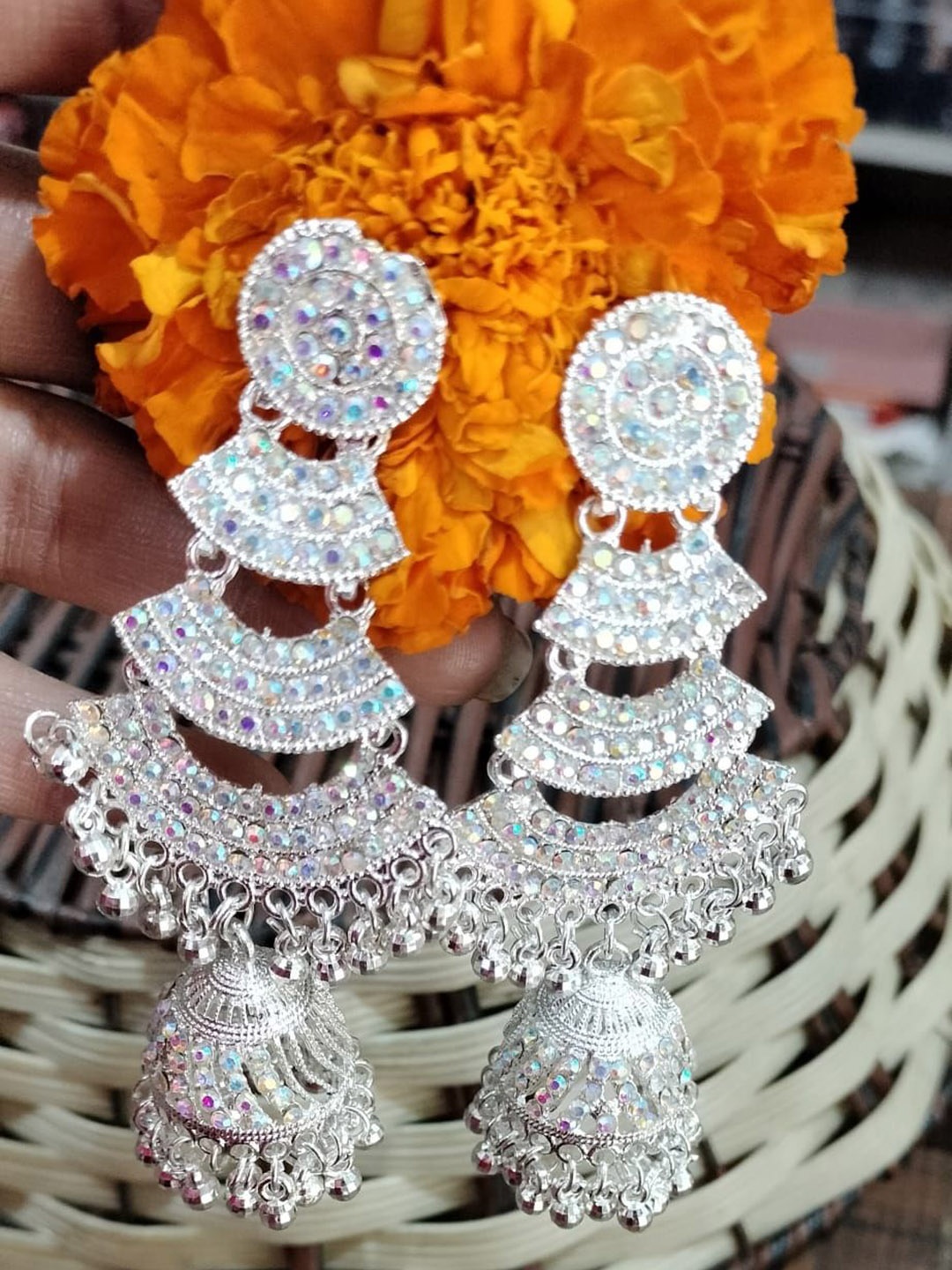 

JMBW INTERNATIONAL Silver-Plated Artificial Beaded Contemporary Shaped Drop Earrings