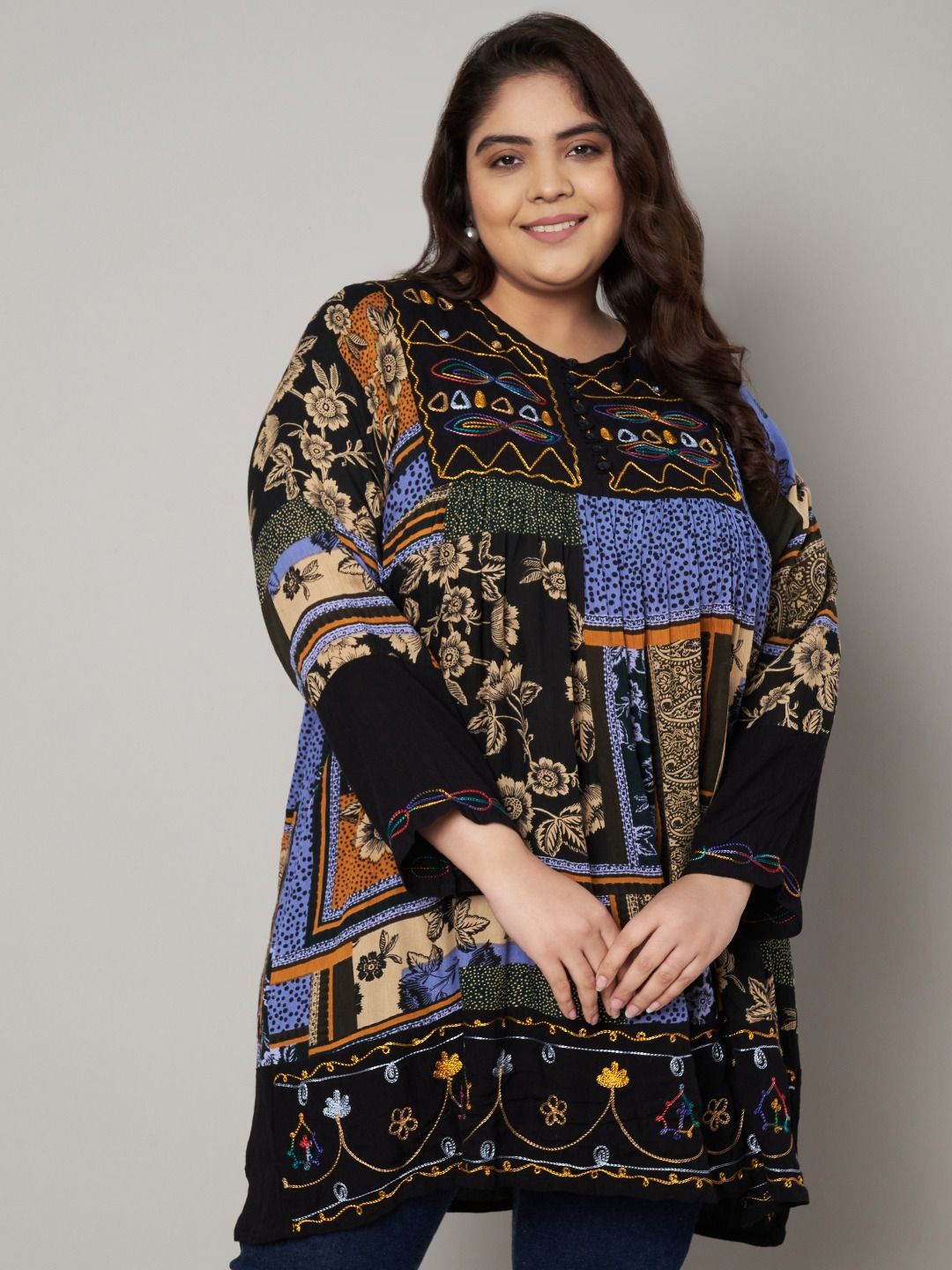 

VELDRESS Floral Print Crepe Top, Blue