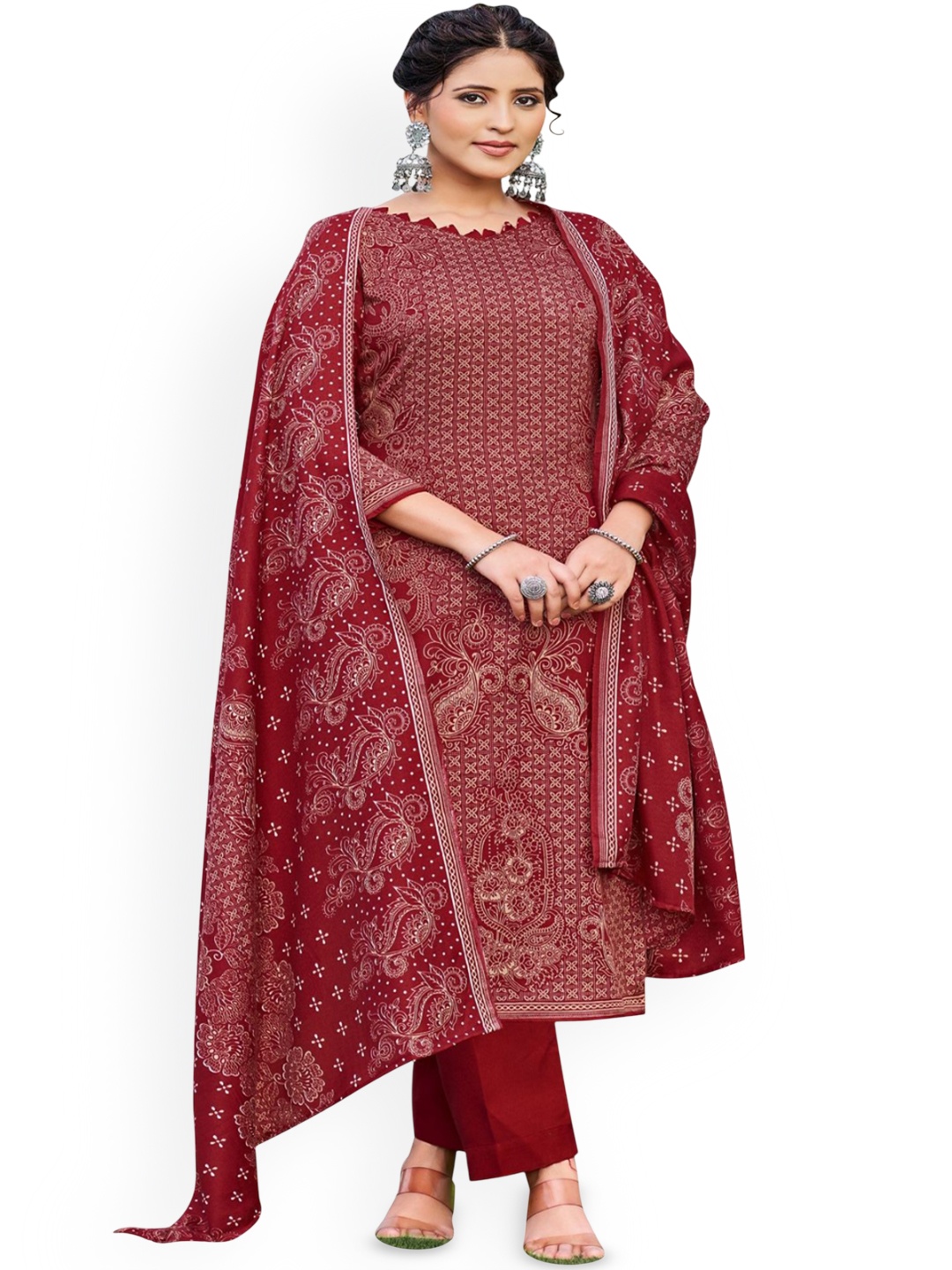 

DRAVINAM Trends Ethnic Motifs Printed Unstitched Dress Material, Red