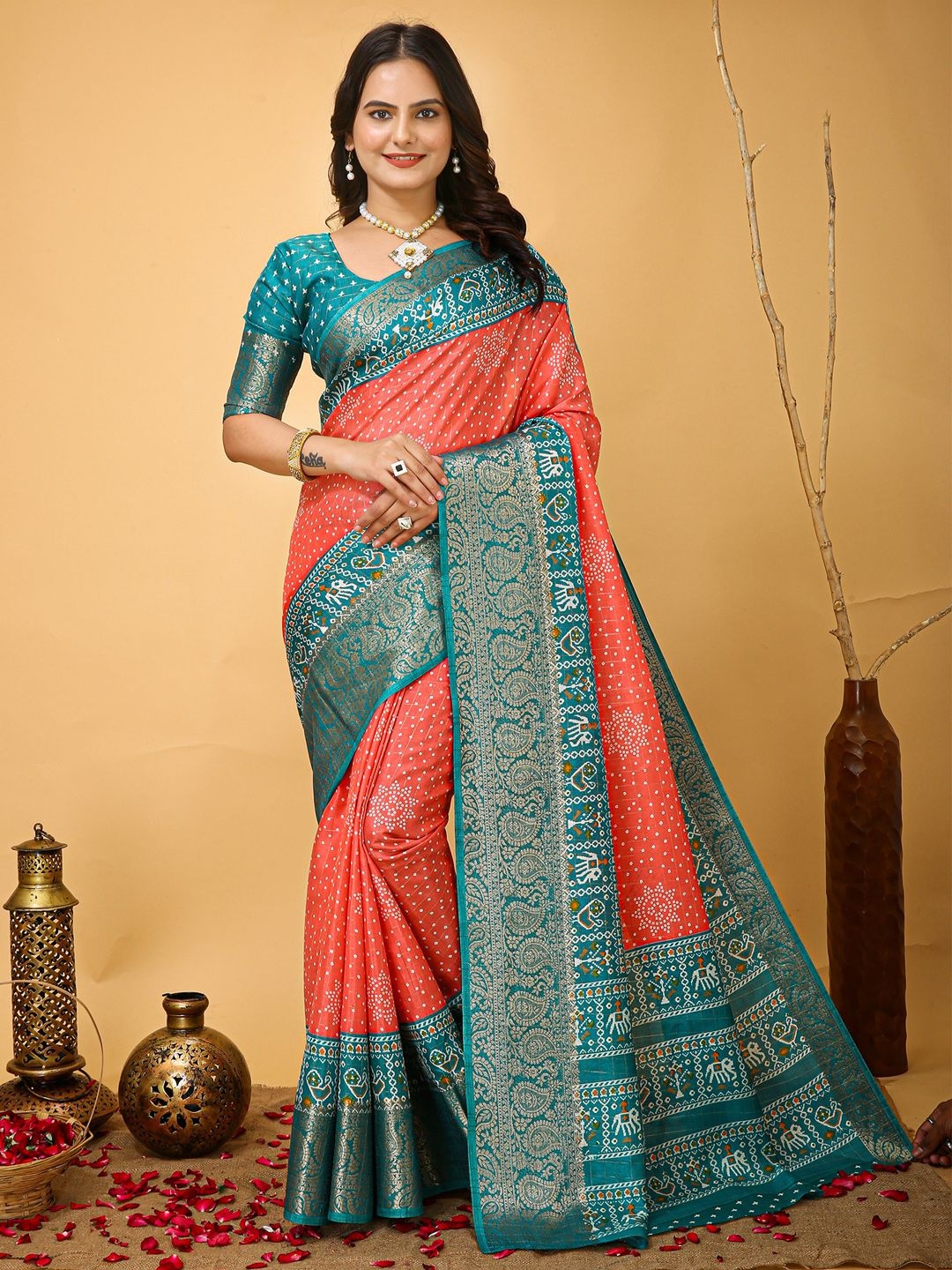 

Anouk Rustic Bandhani Zari Silk Blend Patola Saree, Peach