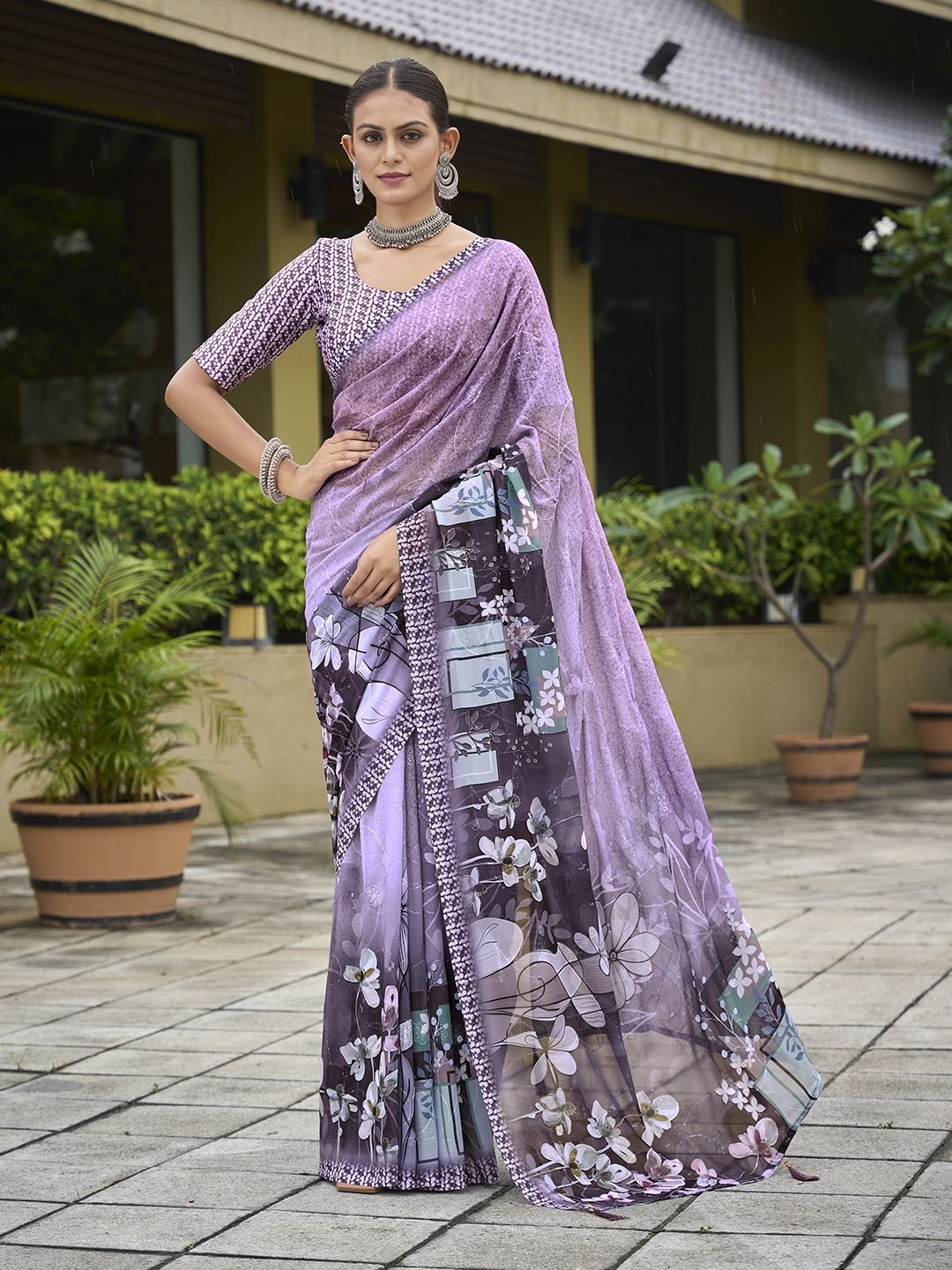 

Rekha Maniyar Floral Poly Georgette Saree, Purple