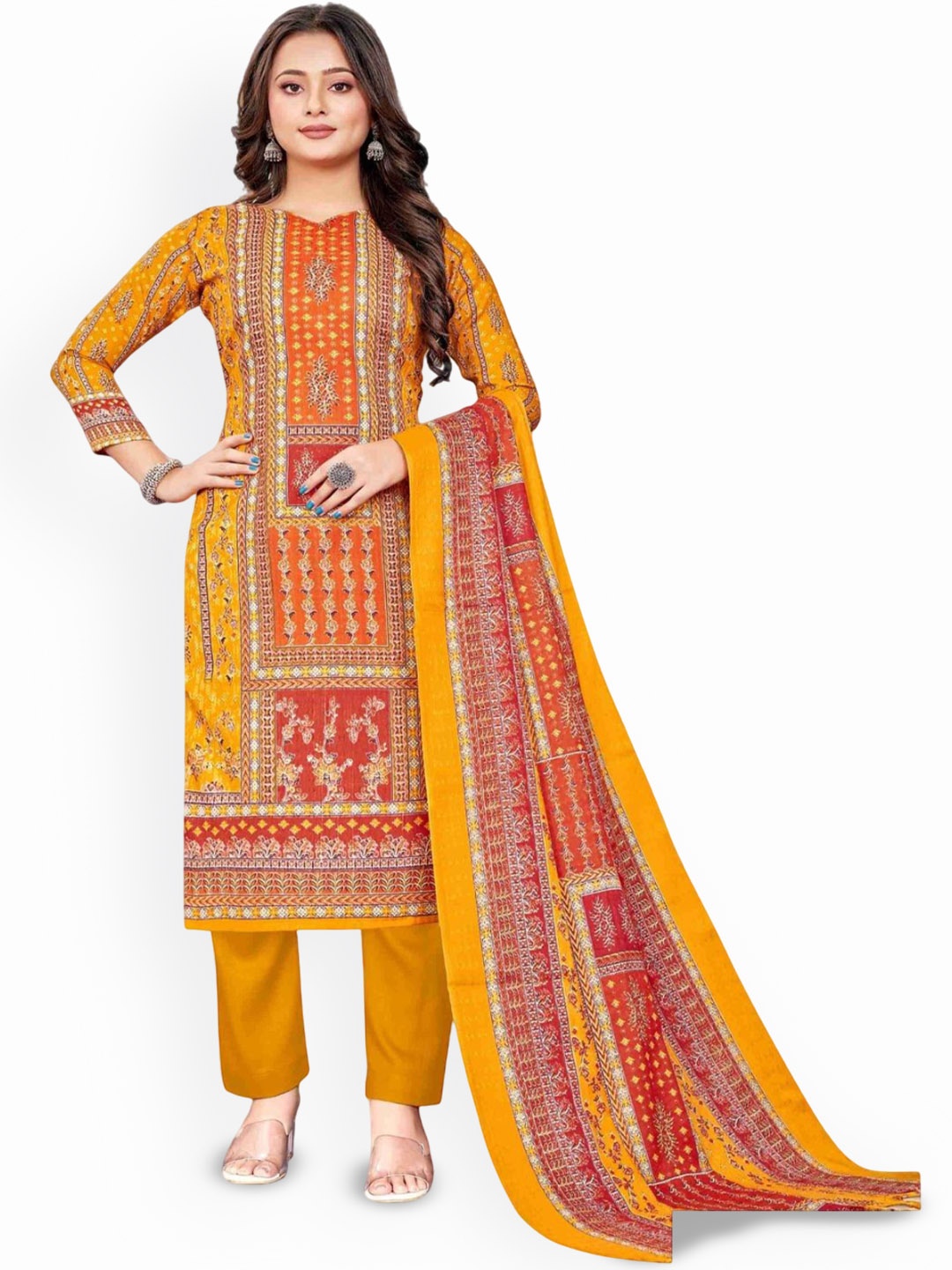 

DRAVINAM Trends Ethnic Motifs Printed Pashmina Unstitched Dress Material, Yellow