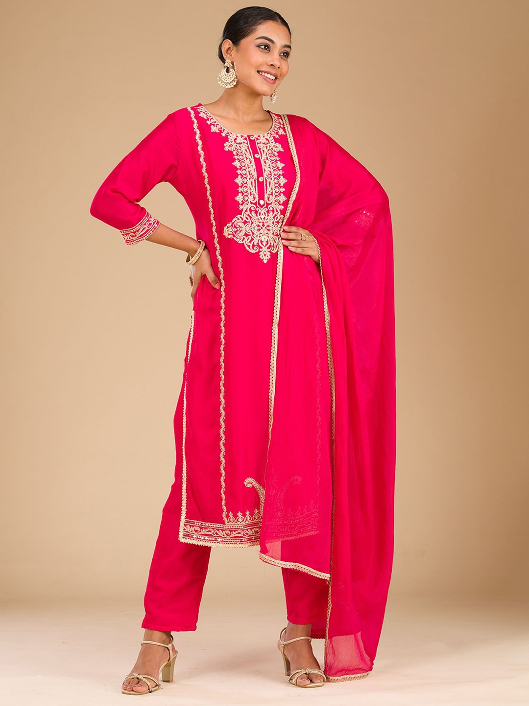 

Koskii Floral Embroidered Sequinned Straight Kurta with Trousers & Dupatta, Pink