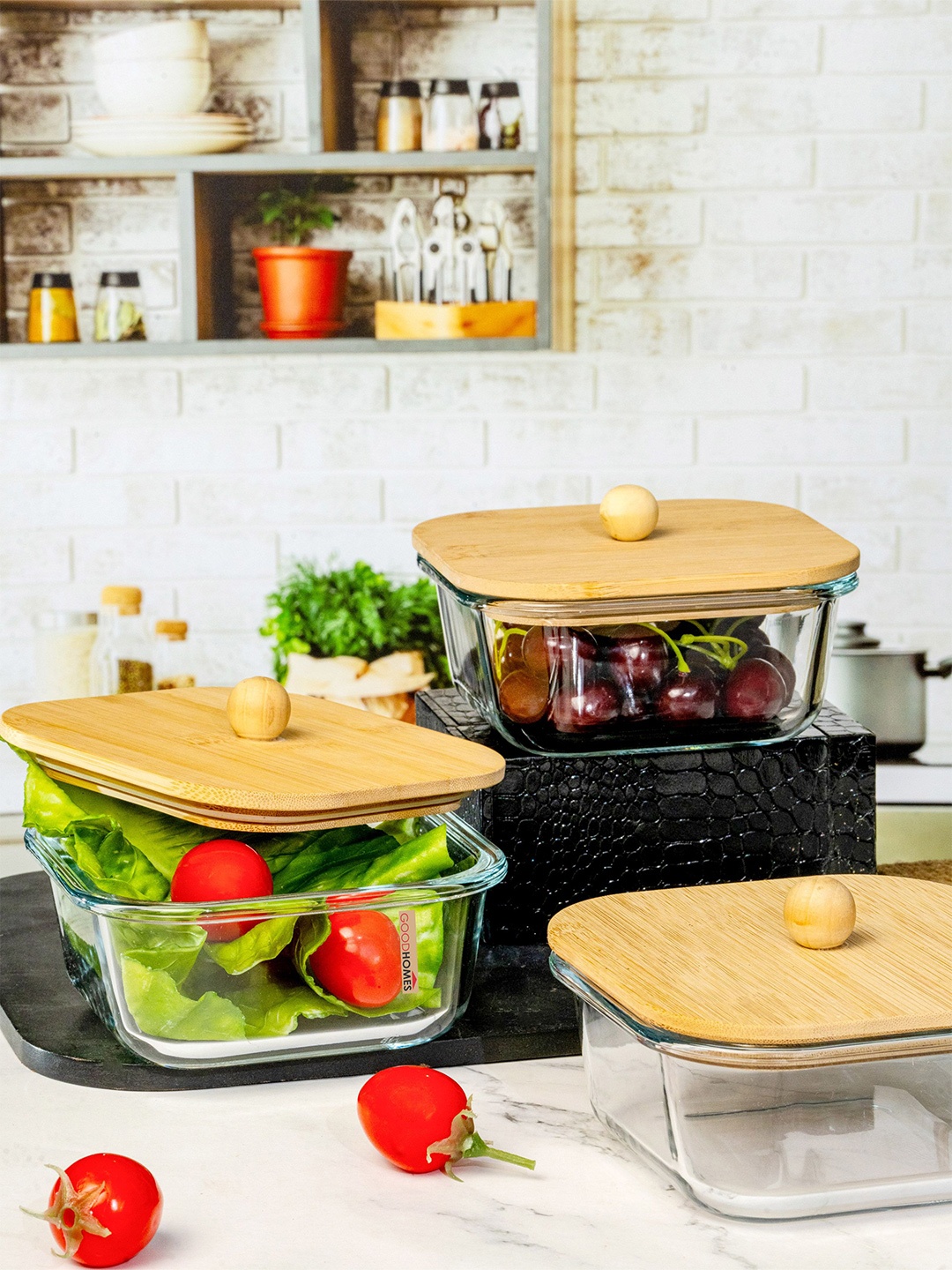 

GOODHOMES Glass Storage Bowl with Wooden Lid Set of 3pcs, Transparent