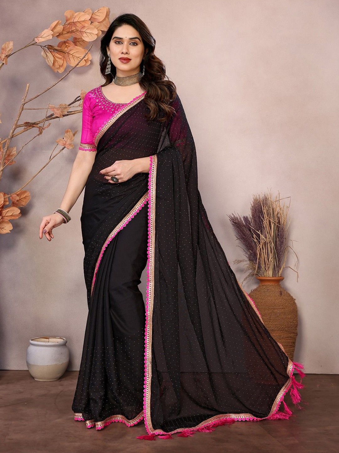 

KALINI Embellished Embroidered Zari Work Saree, Black