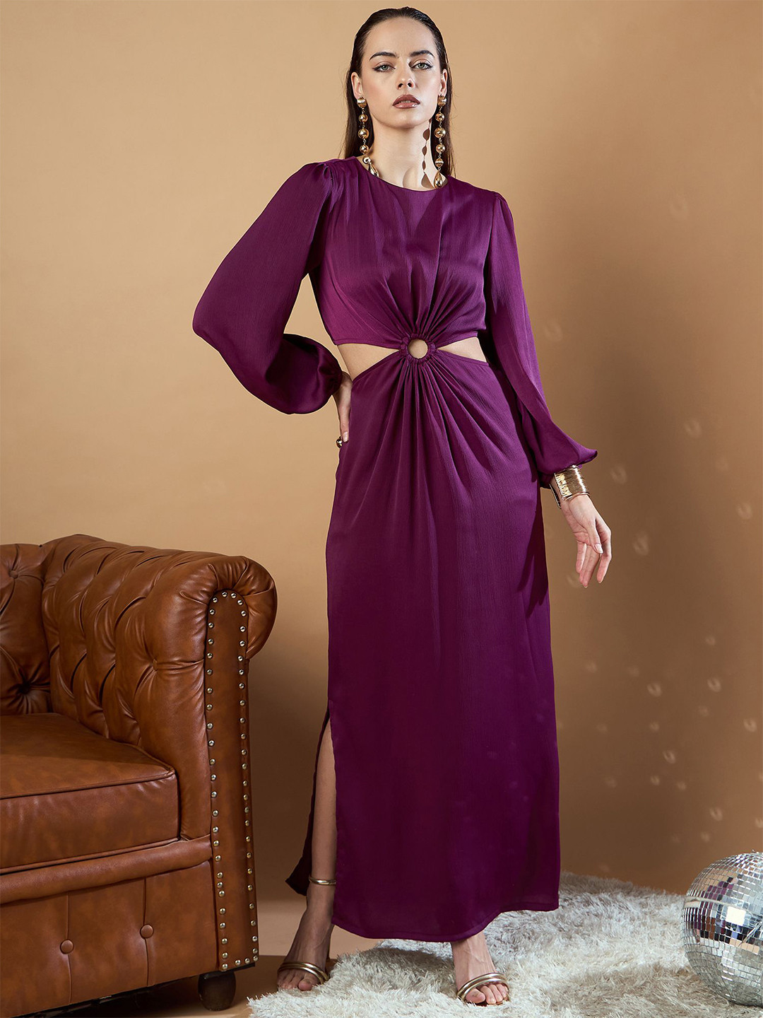 

Kibo Puff Sleeve Satin Maxi Dress, Brown