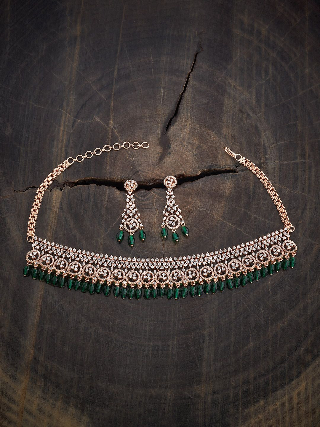 

Kushal's Fashion Jewellery Green Rose Gold-Plated Zircon-Studded & Beaded Jewellery Set