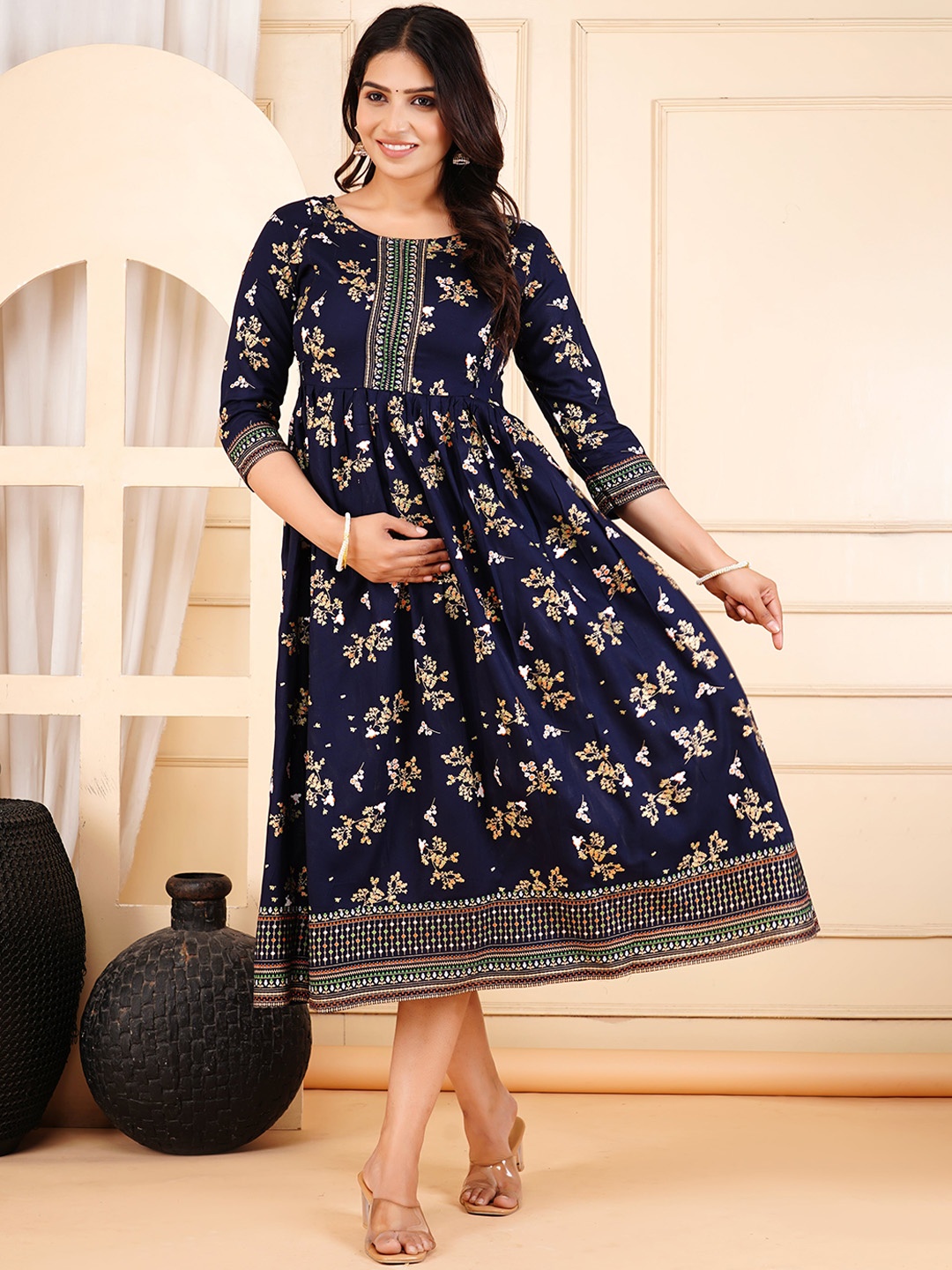 

TROPWEAR Women Floral Printed Gotta Patti Floral Maternity Anarkali Kurta, Blue