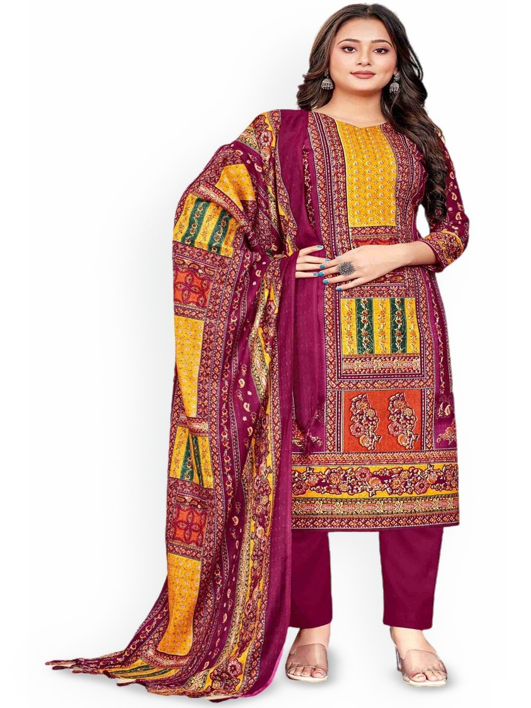 

DRAVINAM Trends Ethnic Motifs Printed Unstitched Dress Material, Maroon