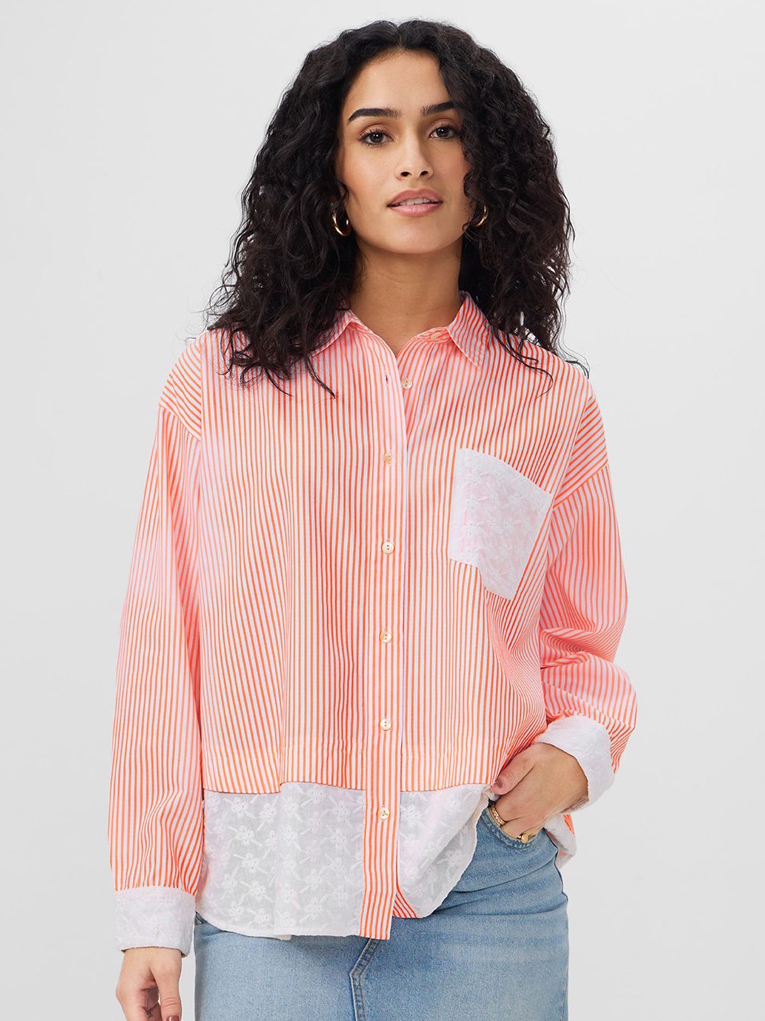 

The Souled Store Oversized Spread Collar Vertical Striped Cotton Shirt, Orange