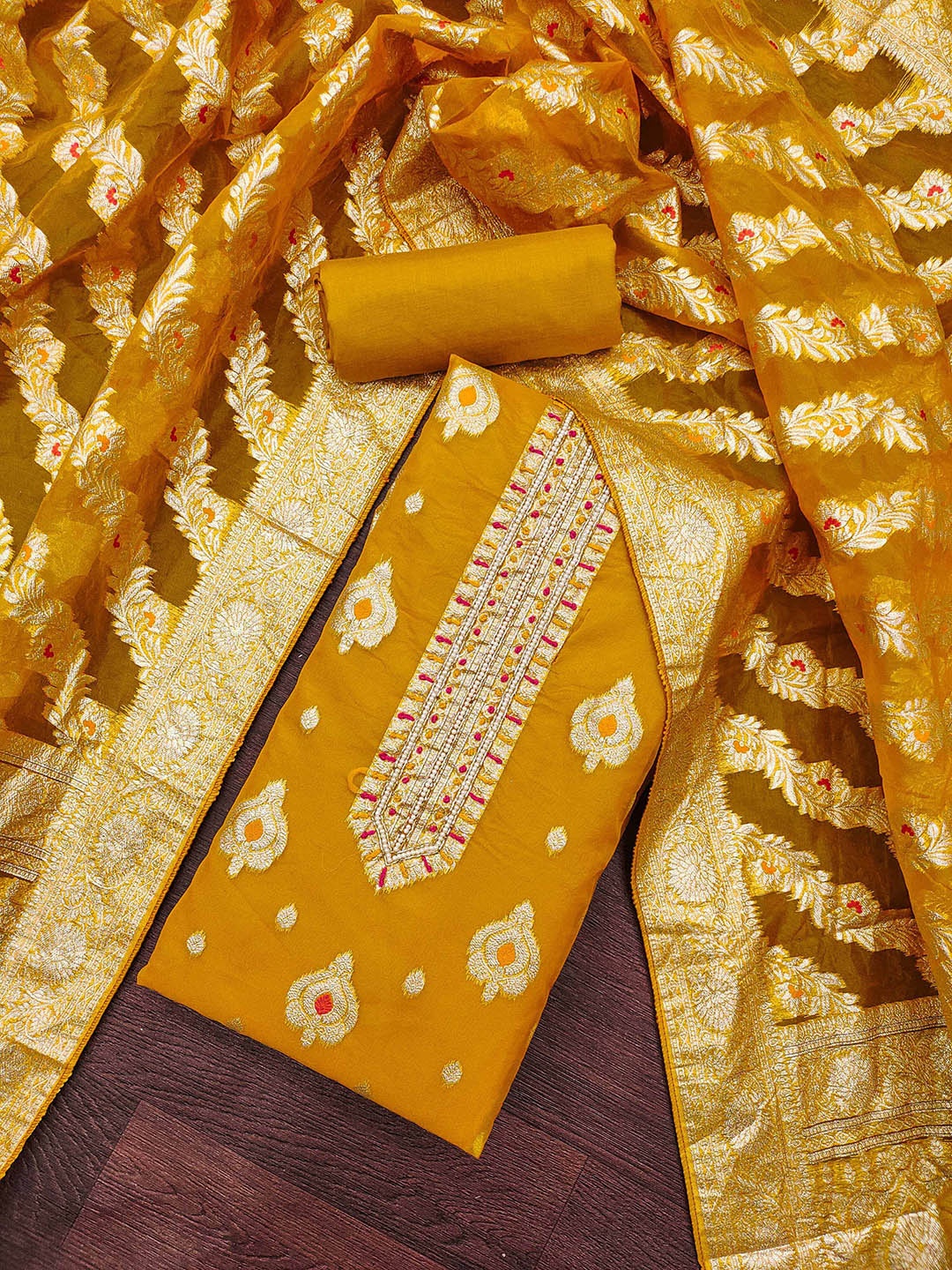 

KALINI Organza Unstitched Dress Material, Yellow