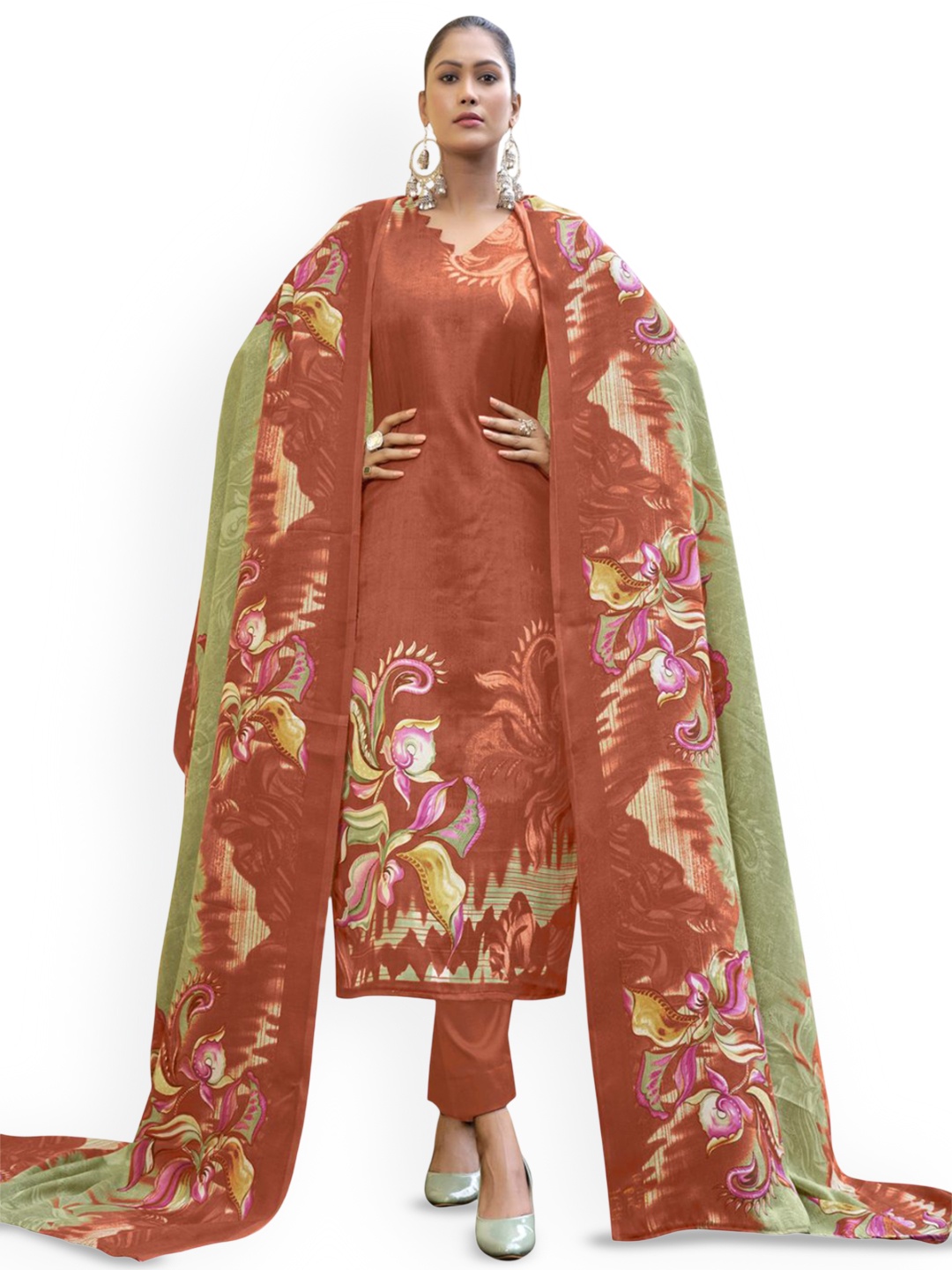 

DRAVINAM Trends Floral Printed Pashmina Unstitched Dress Material, Orange