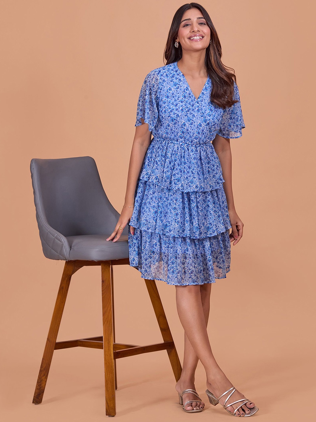 

DressBerry Floral Print Chiffon Fit & Flare Dress, Blue