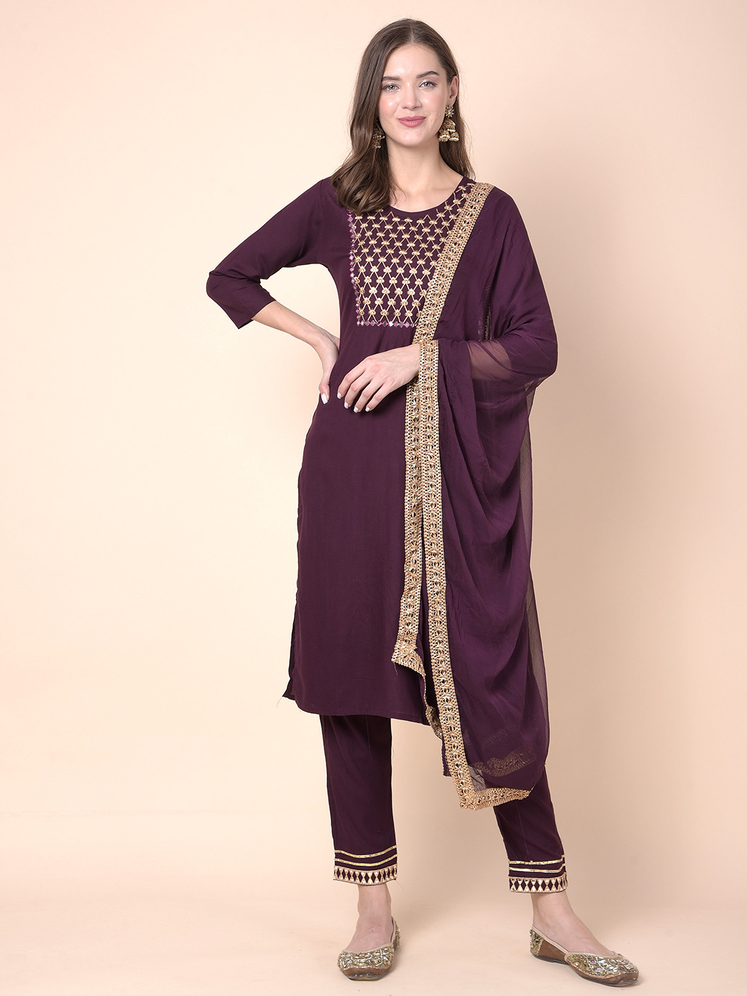 

Moda Rapido Floral Embroidered Straight Kurta With Trousers And Dupatta Set, Purple