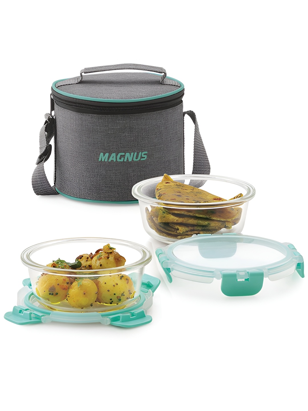 

Magnus Glock Linen 800ml Glass Lunch Box with 2 Round Borosilicate Containers & Bag, Green