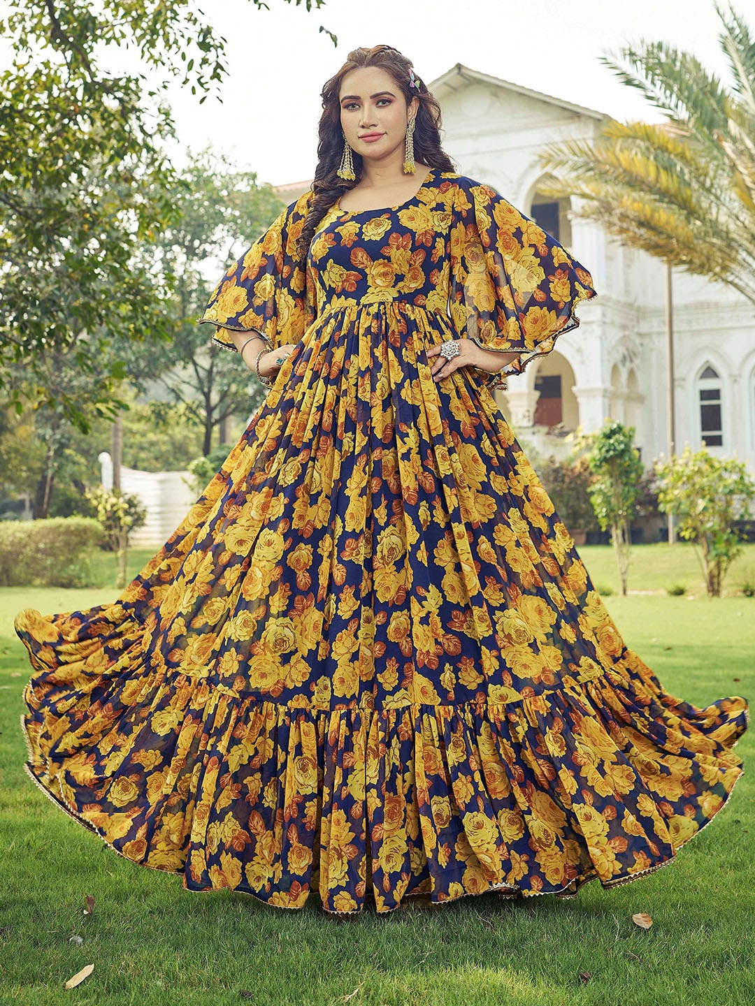 

CHANSI Floral Print Bell Sleeve Georgette Fit & Flare Maxi Dress, Yellow