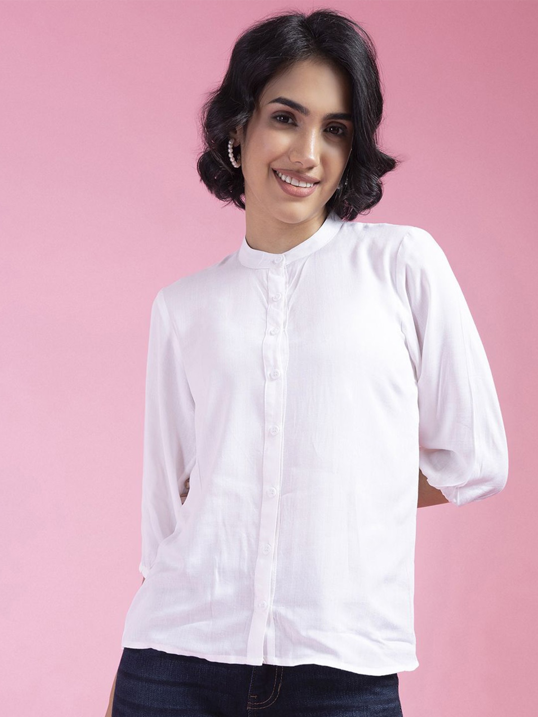 

TIKODI Mandarin Collar Solid Shirt Style Top, White