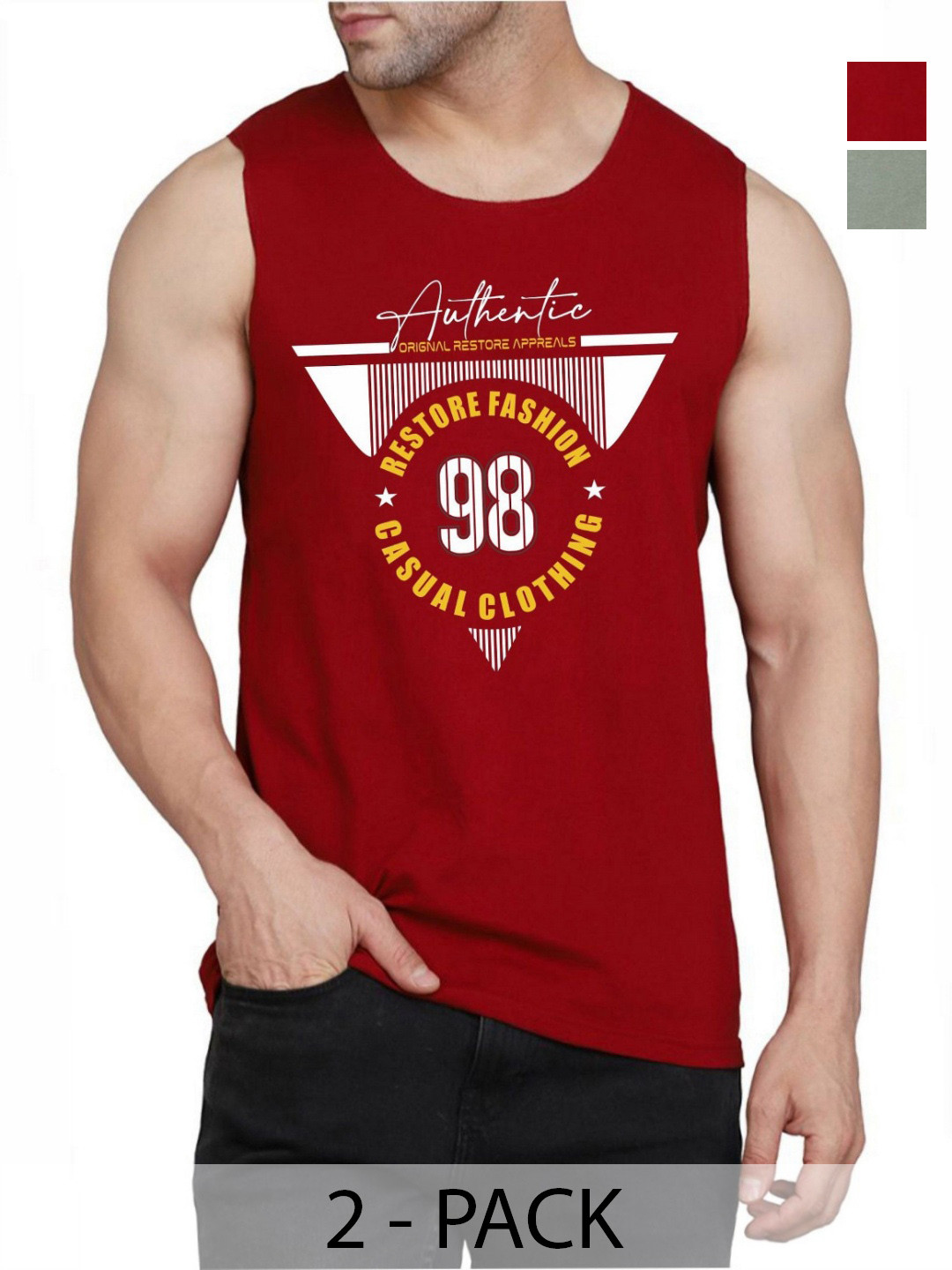 

WOOSTRO Men Pack Of 2 Typography Printed Round Neck Cotton Slim Fit T-shirts, Green