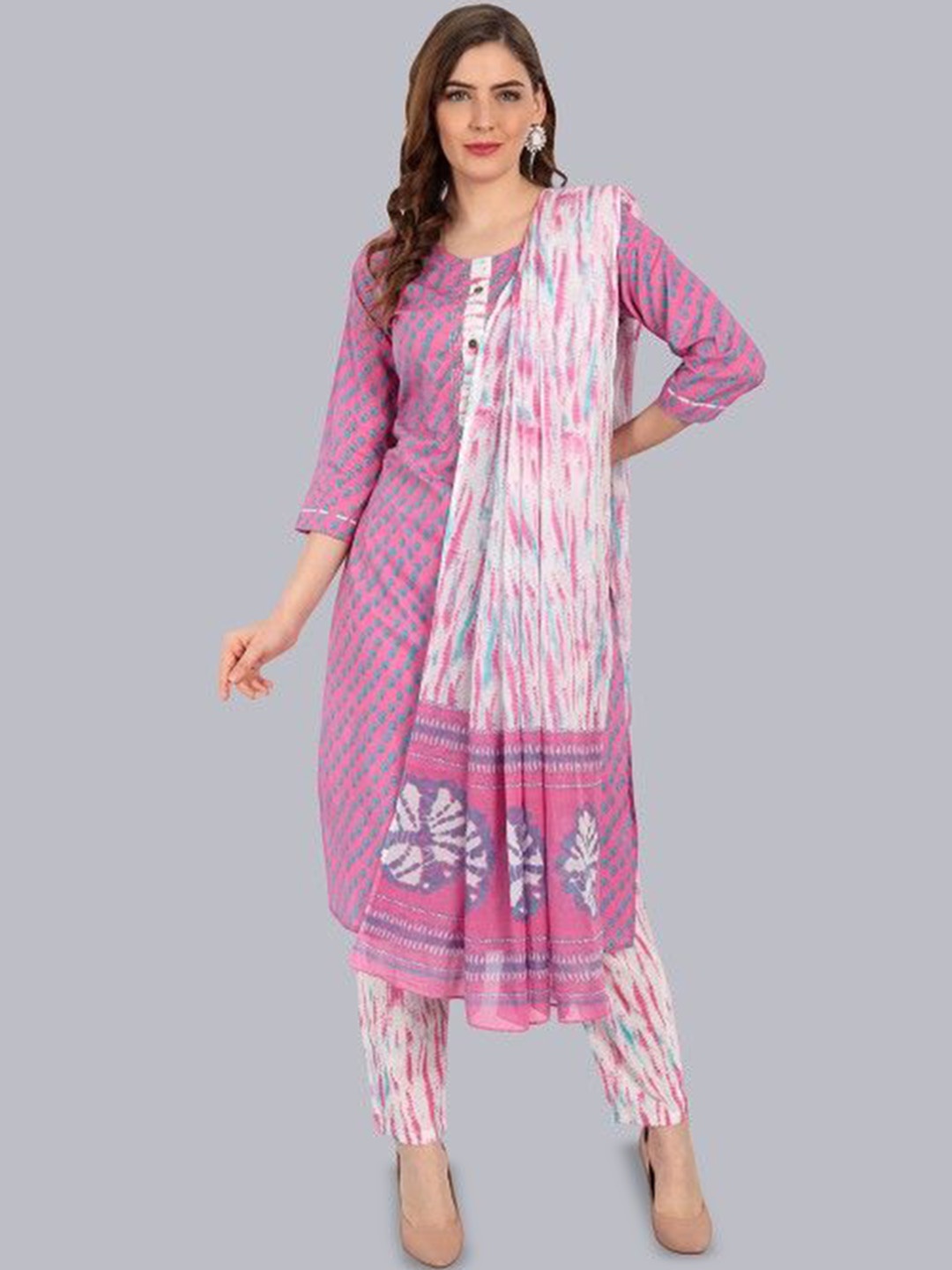 

Moda Rapido Women Printed Regular Kurti with Trousers & With Dupatta, Pink