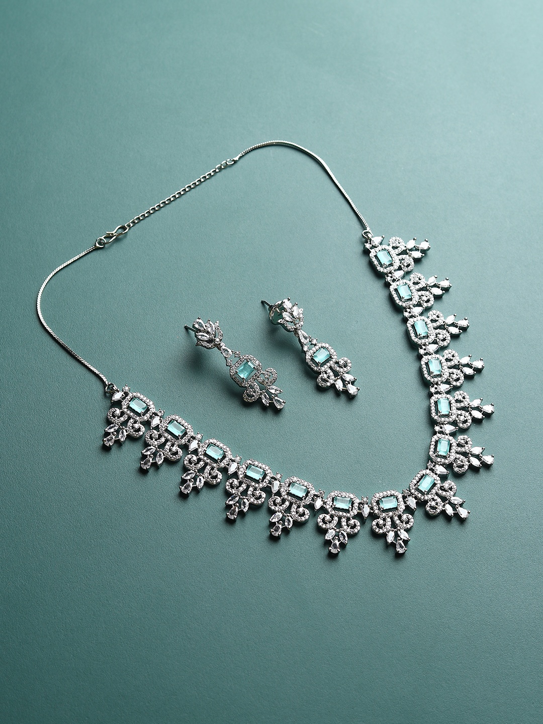 

RHOSYN Rhodium-Plated Cubic Zirconia & American Diamond Studded Jewellery Set, Silver