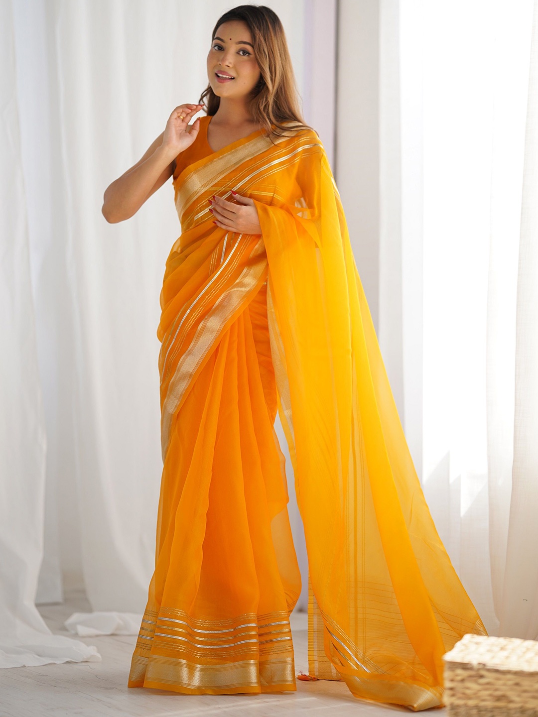 

J.KANJI Zari Organza Saree, Yellow
