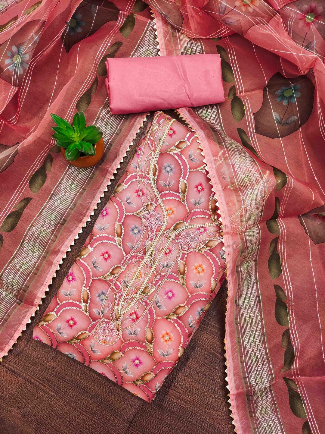 

KALINI Embellished Organza Unstitched Dress Material, Pink