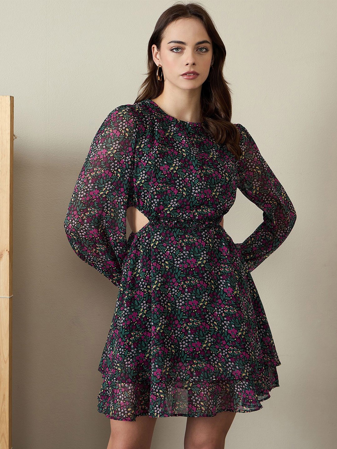 

Kibo Floral Print Bishop Sleeve Chiffon Fit & Flare Dress, Green