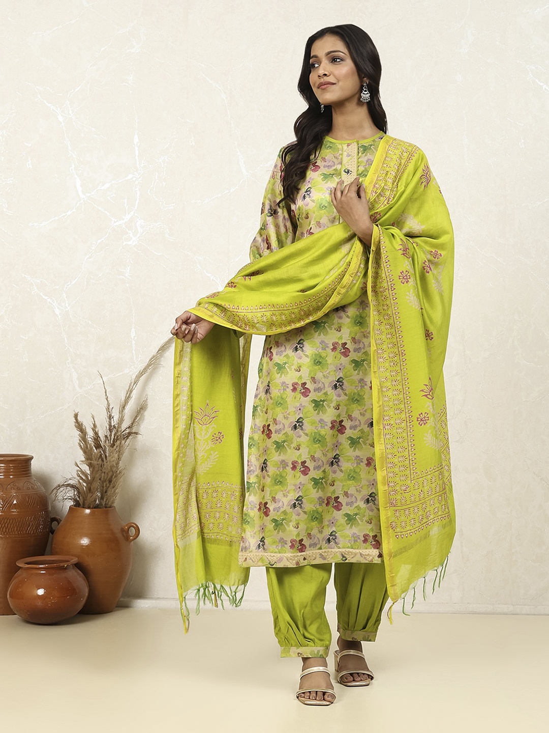 

Biba Floral Printed Pure Cotton Unstitched Dress Material, Green