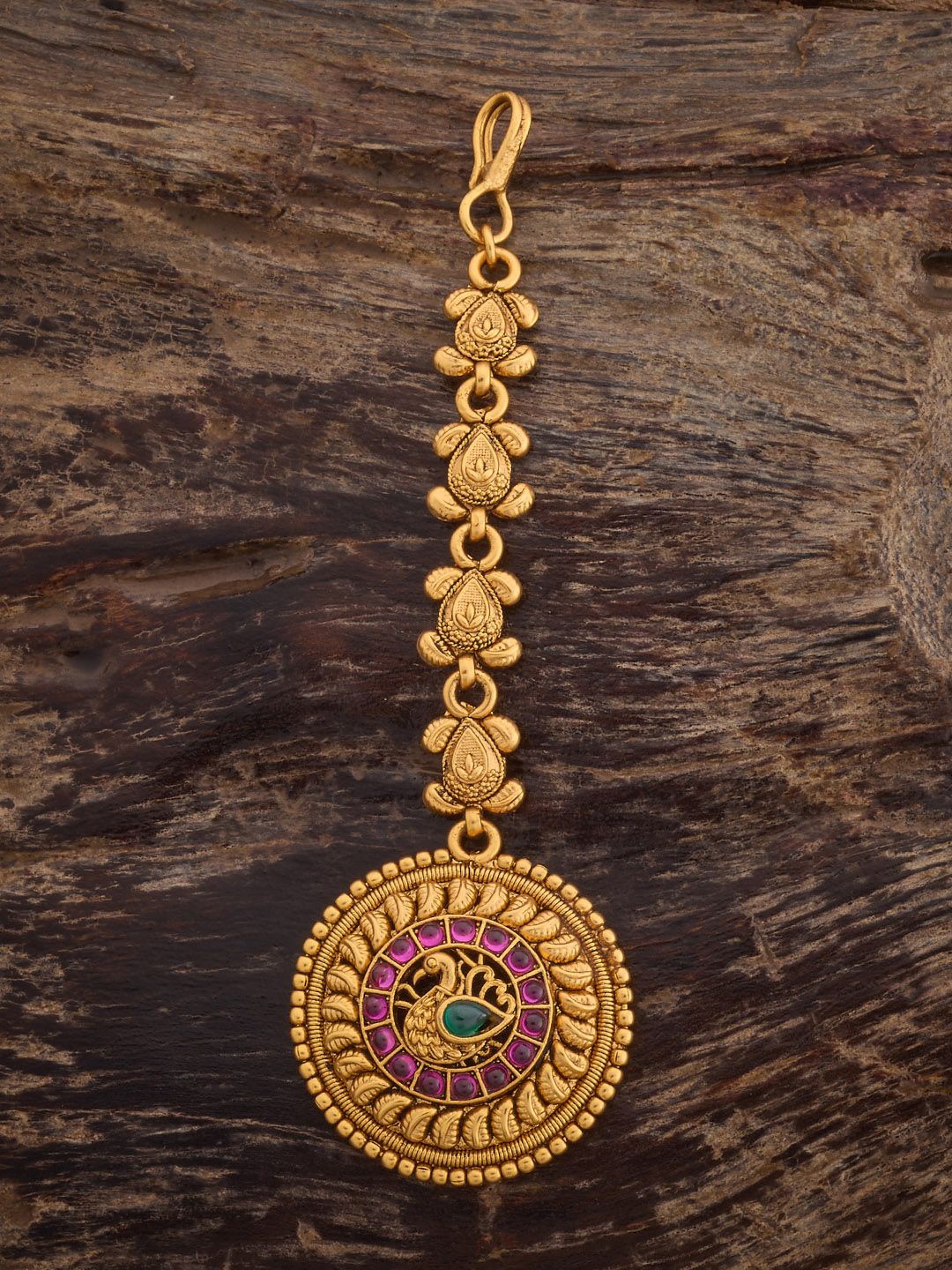 

Kushal's Fashion Jewellery Ruby-Green Gold-Plated Antique Maang Tikka Head Jewellery