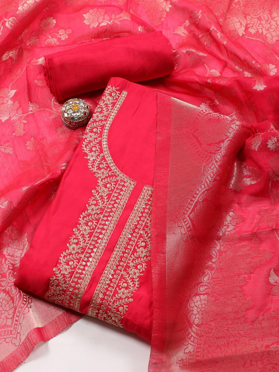 

Meena Bazaar Embroidered Art Silk Unstitched Dress Material, Pink