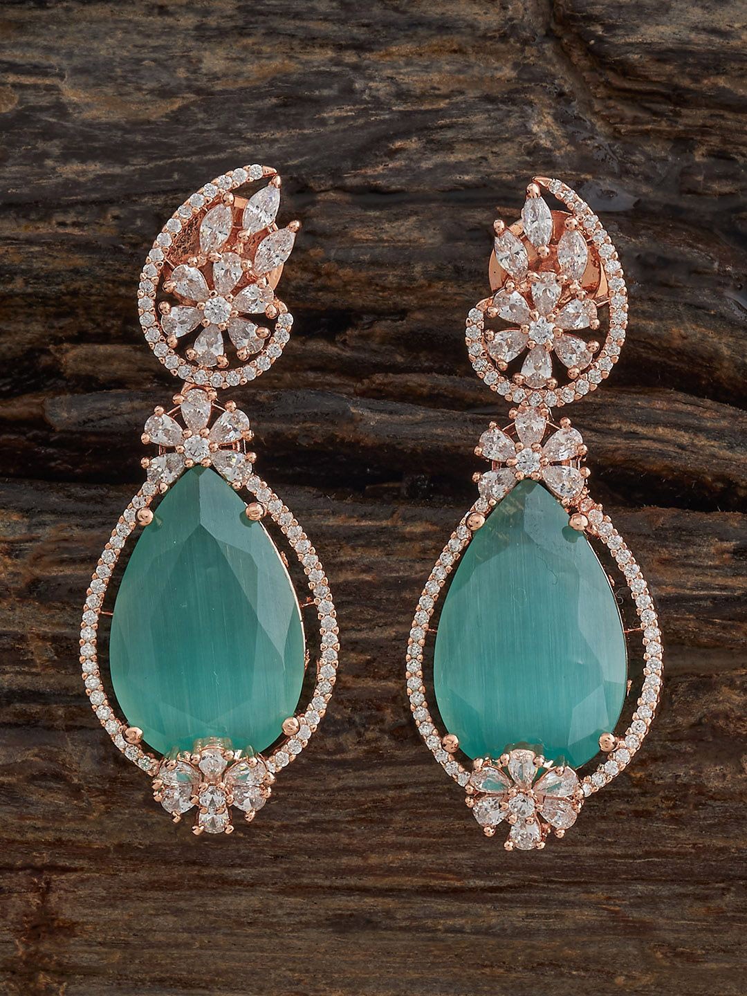 

Kushal's Fashion Jewellery Rose Gold-Plated CZ Studded Teardrop Shaped Drop Earrings