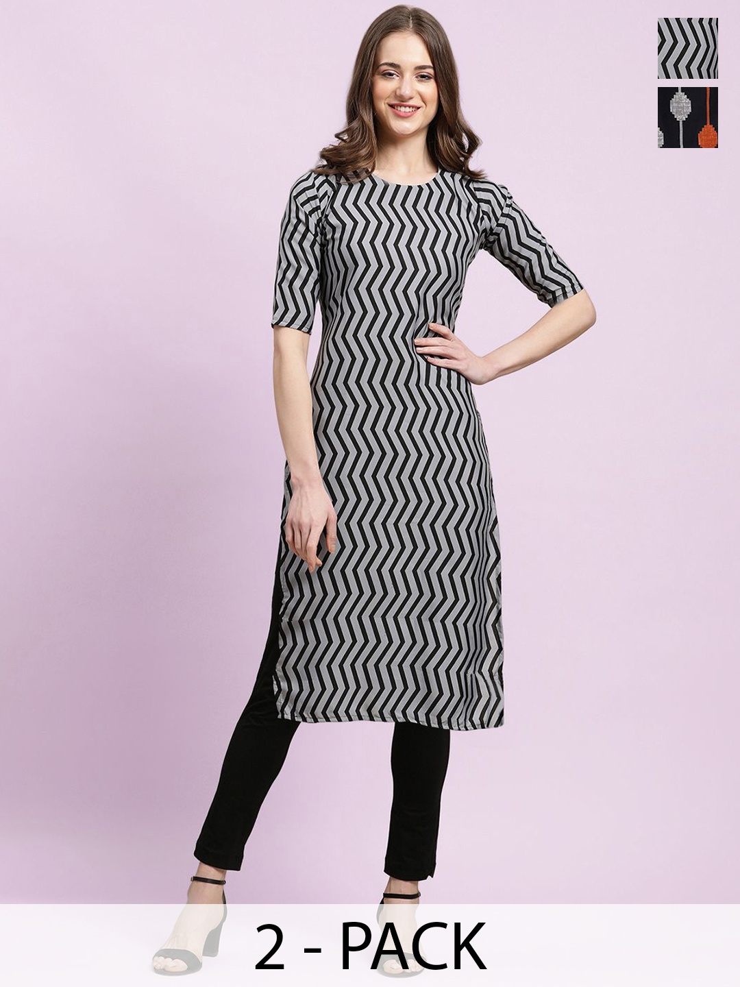 

Moda Rapido Grey Selection of 2 Floral & Geometric Printed Straight Kurtas