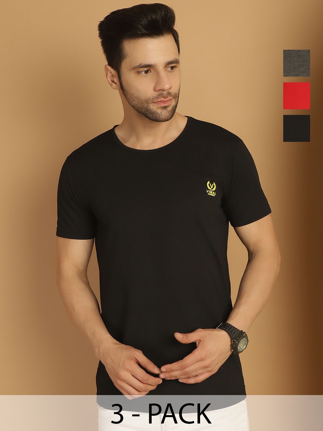 

MACK JONNEY Men Pack Of 3 Solid Round Neck Cotton T-shirts, Black