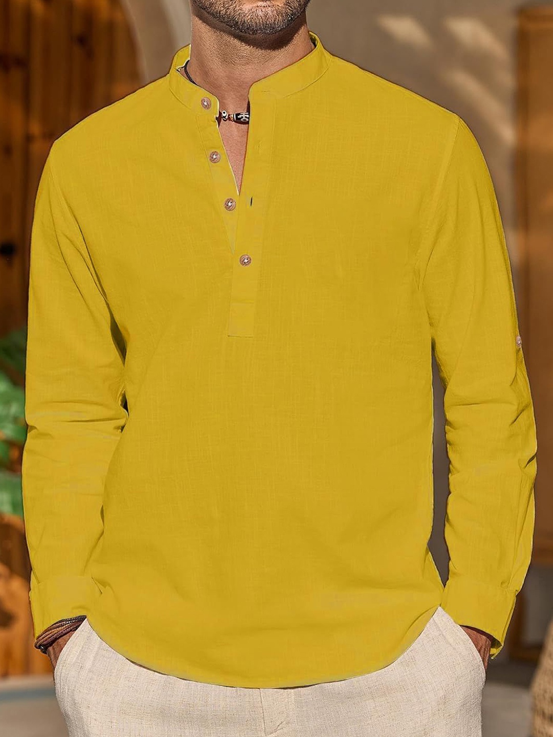 

Vida Loca Band Collar Cotton Straight Slim Fit Short Kurta, Yellow