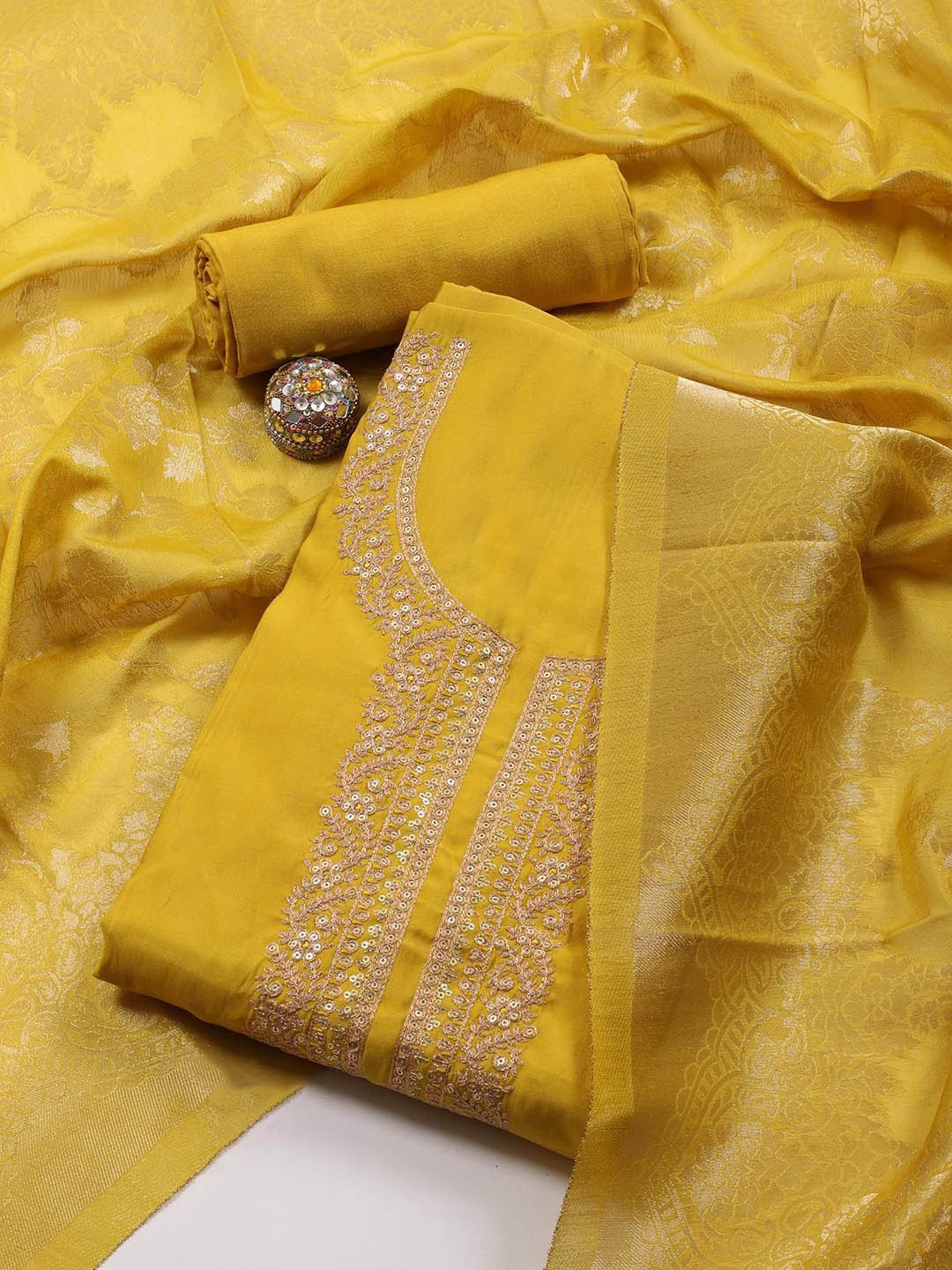 

Meena Bazaar Embroidered Art Silk Unstitched Dress Material, Mustard