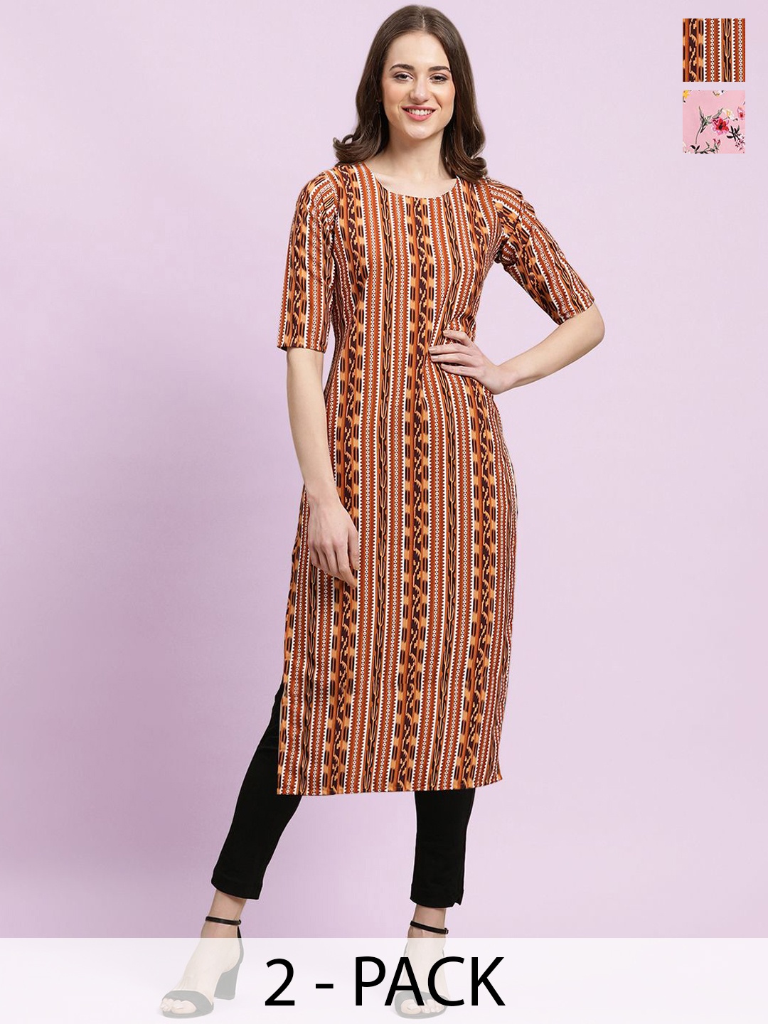 

Moda Rapido Pink & Brown Selection Of 2 Floral Printed Straight Kurtas