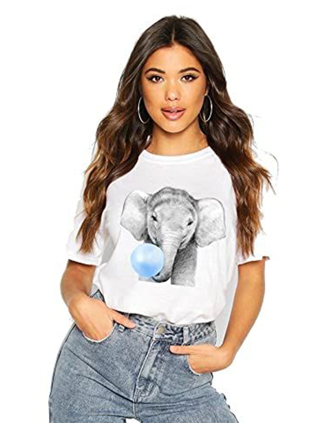 

VLAM Women Printed Extended Sleeves Pockets T-Shirt, White