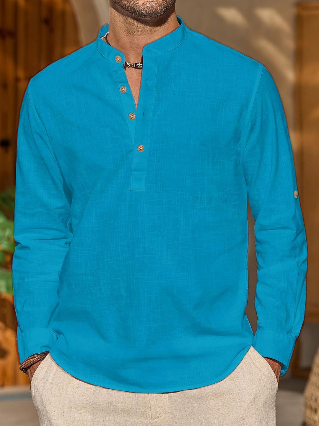 

Vida Loca Band Collar Cotton Straight Kurta, Blue