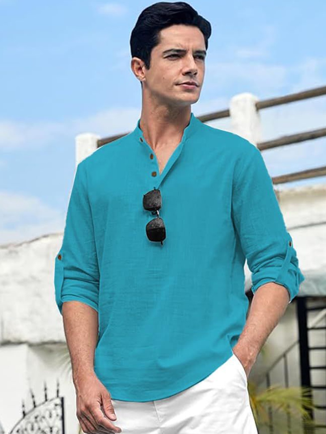

Vida Loca Cotton Band Collar Slim Fit Short Kurta, Fluorescent green