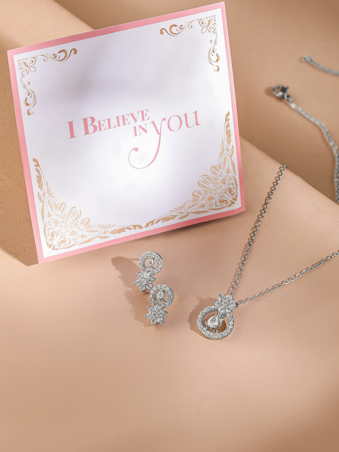 

Rubans Valentine's Plated Brass High Quality Cubic Zirconia Pendent Set, Silver