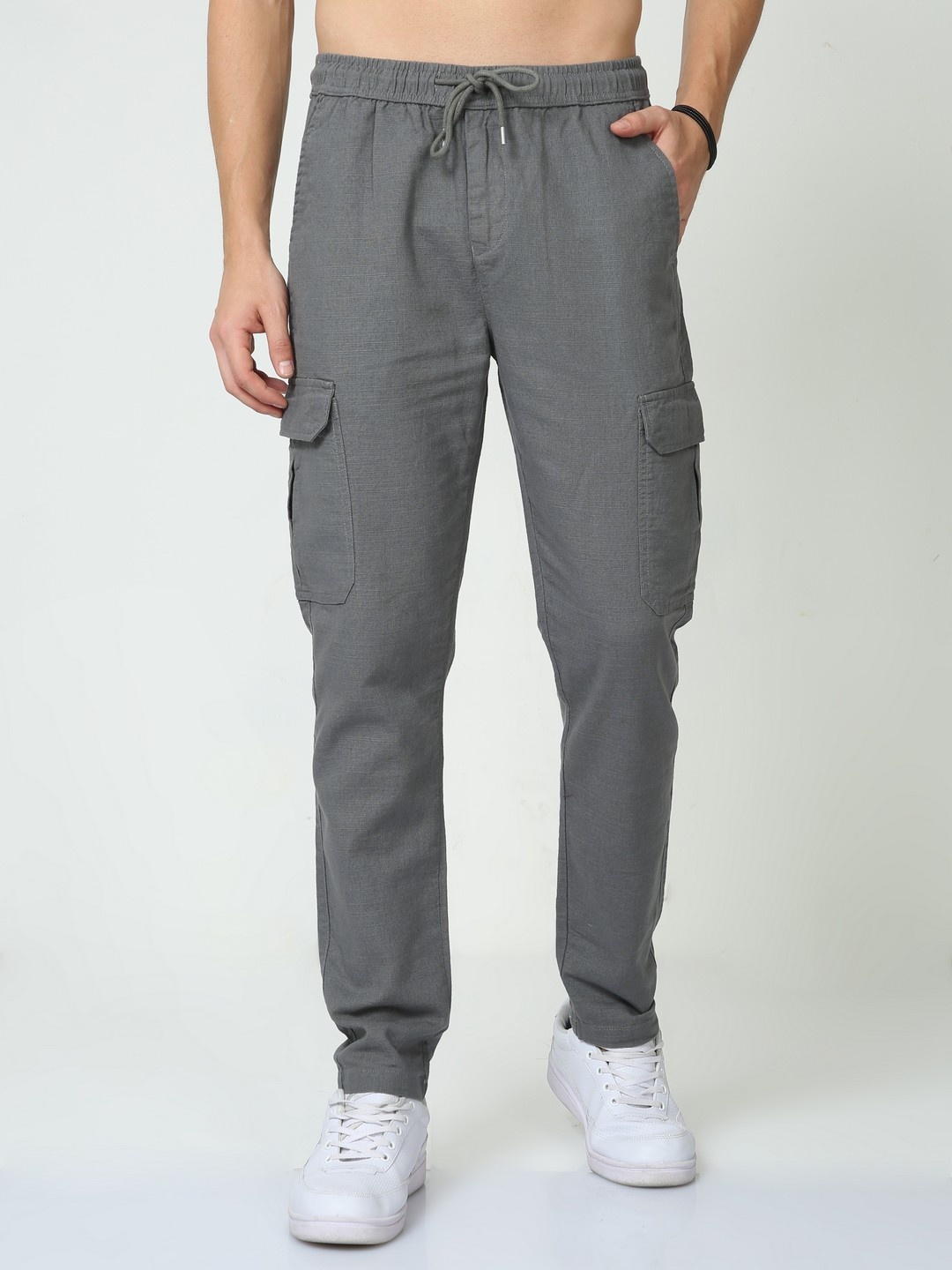 

NEVER NEUD Men Relaxed Lazy Linen Cargos Pants, Grey