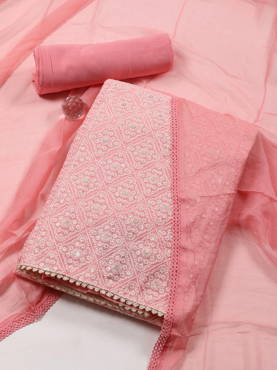 

Meena Bazaar Embroidered Art Silk Unstitched Dress Material, Pink