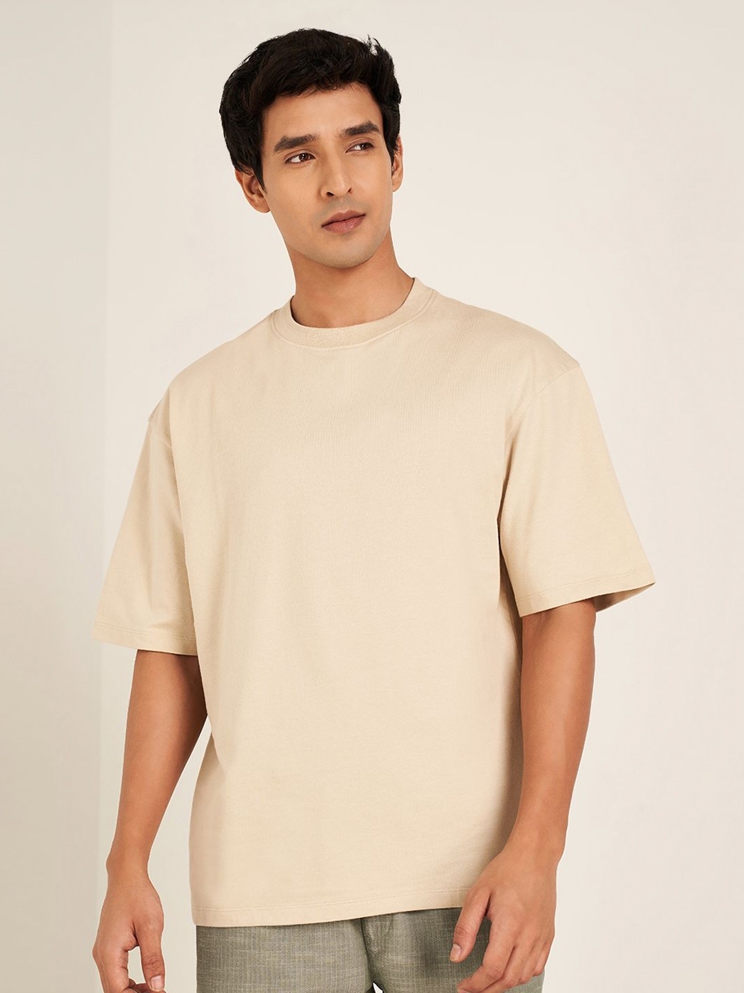 

7 Alt by Pantaloons Men Solid Round Neck Cotton Oversized T-shirt, Beige