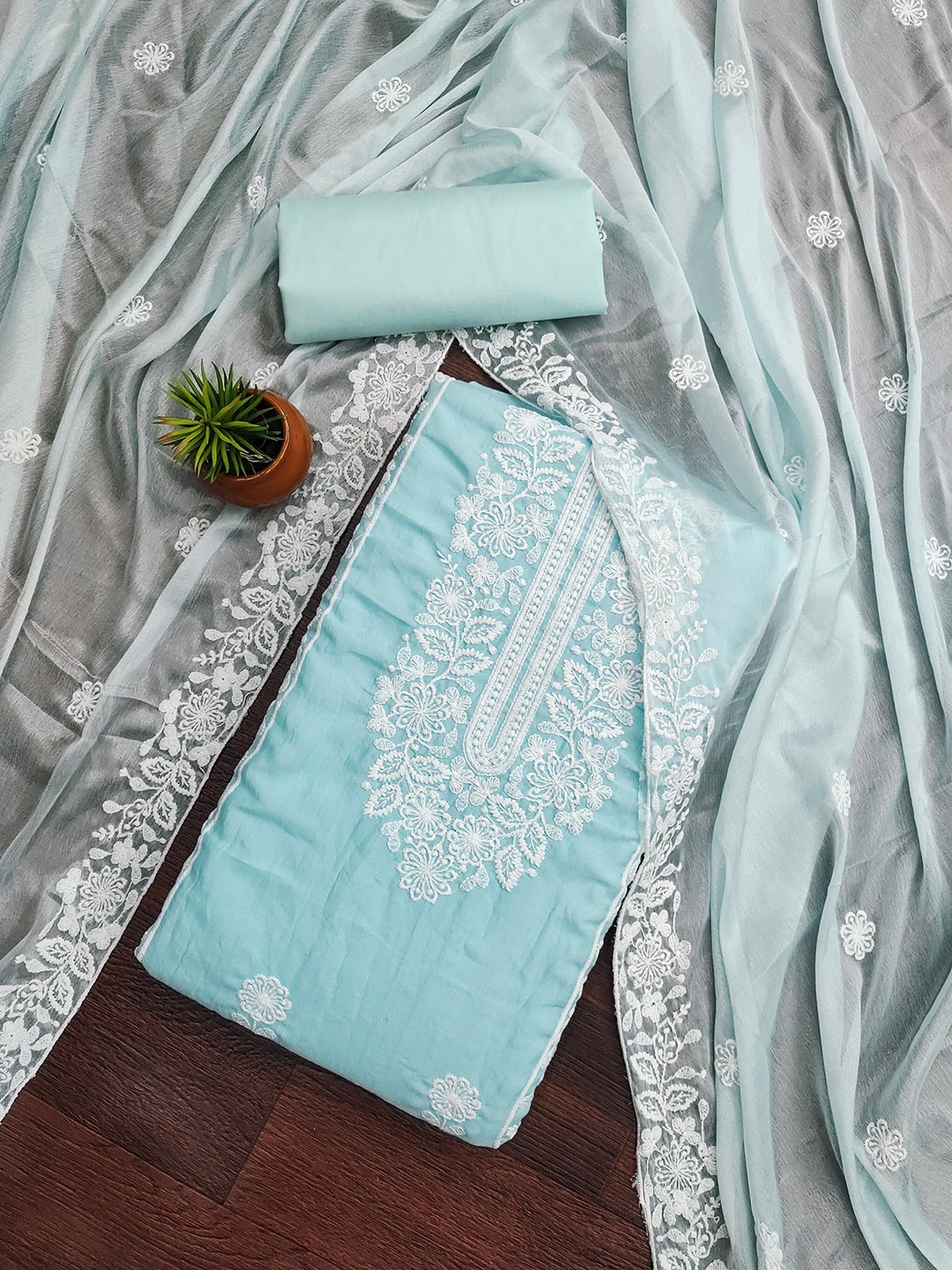 

KALINI Embroidered Pure Cotton Unstitched Dress Material, Blue