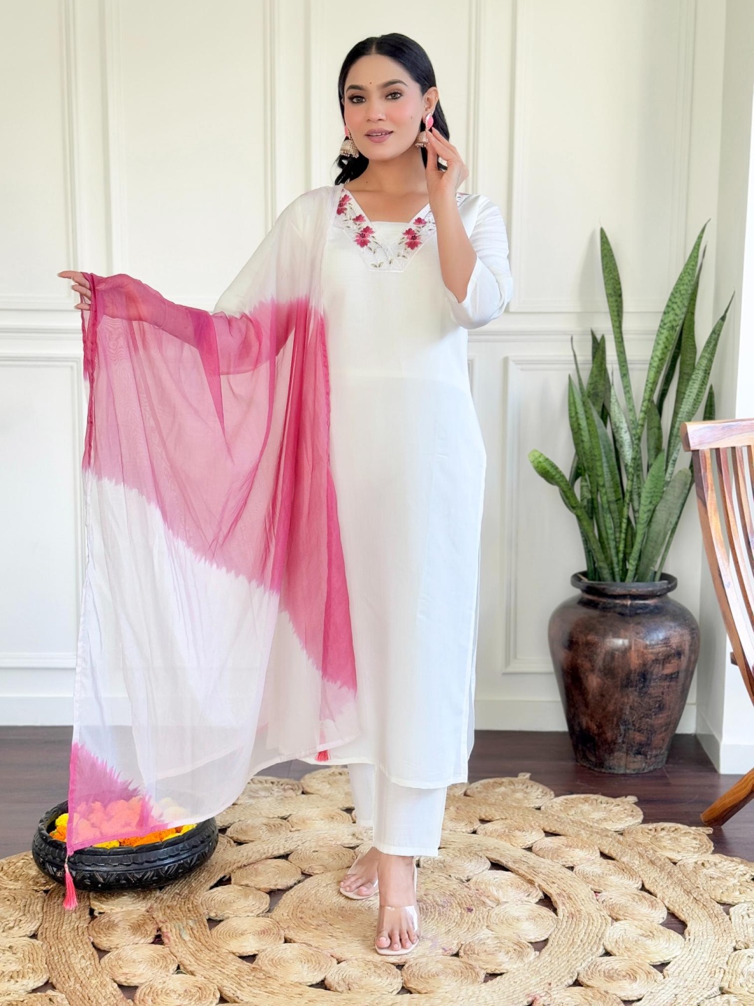 

Moda Rapido Floral Embroidered V-Neck Straight Kurta With Trouser & Dupatta, White